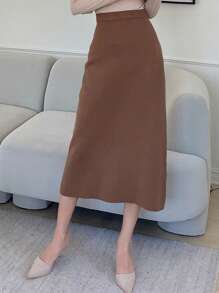 DAZY Chân váy cạp cao màu trơn, chân váy bút chì - màu nâu - Xem 3