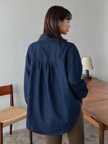 FRIFUL Của phụ nữ Thả vai Tops Denim Với Buộc Dây đai - Rửa tối - Xem 2