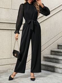 SHEIN Clasi Lưới tương phản tay áo lá sen Thắt lưng Áo liền quần - màu đen - Xem 1