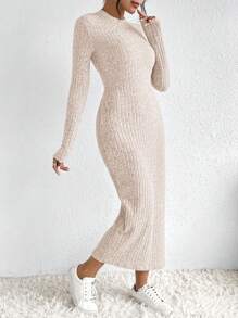 SHEIN Frenchy Vestido unicolor tejido de canalé de muslo con abertura - Albaricoque - Ver 5