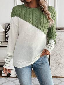 SHEIN Essnce Two Tone Cable Knit Drop Shoulder Sweater - Green - View 4