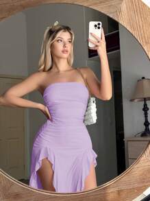 SHEIN Sweetina 不對稱下擺褶邊抹胸洋裝 - 淡紫色 - 查看 3