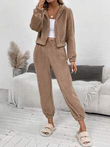 SHEIN LUNE Dây kéo áo có mũ Áo khoác & Quần - Màu Khaki - Xem 6