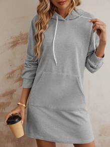 SHEIN LUNE 袋鼠口袋落肩袖抽繩連帽衛衣裙 - 深灰色 - 查看 4