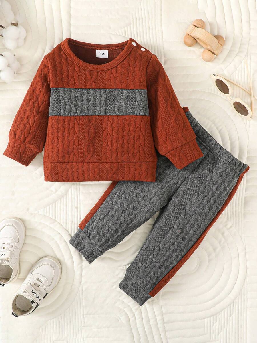 Baby Boy Two Tone Sweatshirt & Contrast Side Seam Sweatpants - Redwood - View 1