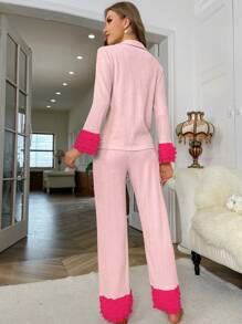 Women's Color Block Bell Sleeve Pajama Set, Fall Clothes