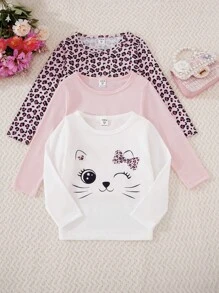 SHEIN Elladie kids Young Girl 3pcs Leopard & Cartoon Graphic Tee, School, Campus, College - Multicolor - View 1