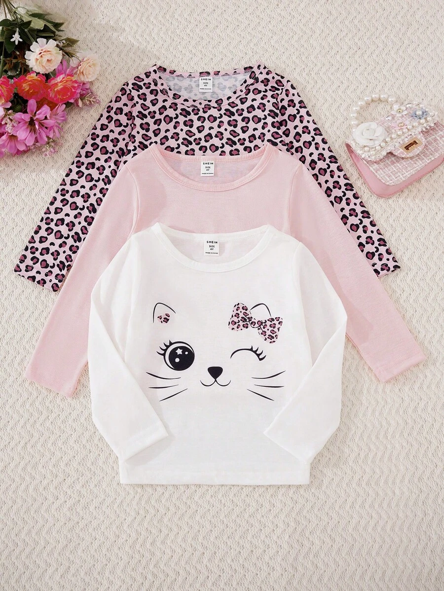 SHEIN Elladie kids Young Girl 3pcs Leopard & Cartoon Graphic Tee, School, Campus, College - Multicolor - View 1
