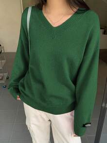 DAZY 純色v領下垂肩毛衣 - 綠色 - 查看 4