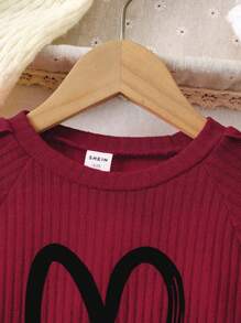 SHEIN 女小童愛心圖案荷葉邊衛衣和衛褲 - 酒紅色 - 查看 3