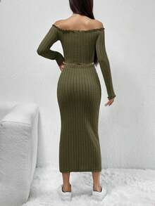 SHEIN EZwear Top Sin Hombros Con Cierre Frontal Y Conjunto De Falda - Verde militar - Ver 2