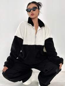 SHEIN EZwear 雙色半拉鏈落肩袖運動衫 - 黑與白 - 查看 6