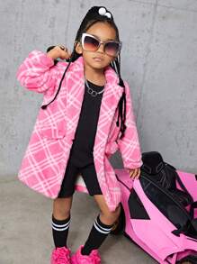SHEIN Toddler Girls' Plaid Fluffy Jacket - Pink - View 4