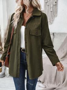 EMERY ROSE Flap Pocket Drop Shoulder Corduroy Coat - Army Green - View 6