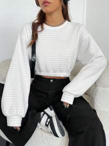 SHEIN Unity Drop Shoulder Textured Crop Pullover Graduation,Back To School Outfits,Graduation,Teacher Outfits For Women,Back To School  Fall Outfit - White - View 6