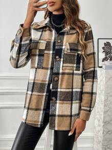 SHEIN Essnce 格紋印花翻蓋口袋外套 - 咖啡棕 - 查看 3