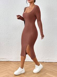 SHEIN Frenchy Cổ vuông Tách đùi Đầm Áo len - Hồng - Xem 1