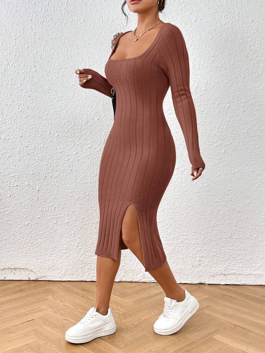 SHEIN Frenchy Cổ vuông Tách đùi Đầm Áo len - Hồng - Xem 1