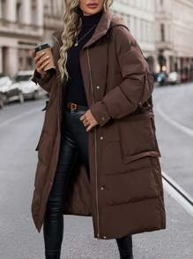 SHEIN Unity Abrigo con bolsillo con solapa de hombros caídos con capucha - Café integral - Ver 4