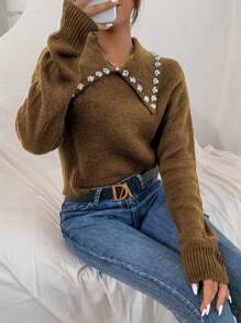 SHEIN Unity Pearl Detail Drop Shoulder Sweater - Camel - View 5