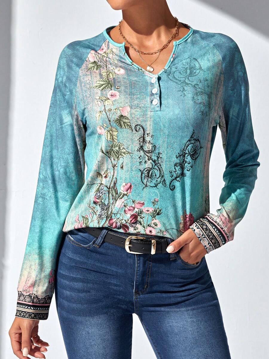 SHEIN LUNE In hoa Tay Raglan Áo thun - Nhiều màu - Xem 1