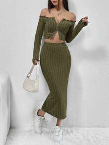 SHEIN EZwear Top Sin Hombros Con Cierre Frontal Y Conjunto De Falda - Verde militar - Ver 7