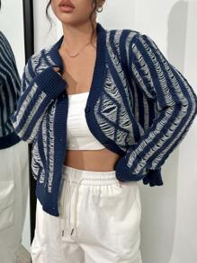 SHEIN Unity كارديجان نمط هندسي أزرار أمامية - الأزرق - مشاهدة 1