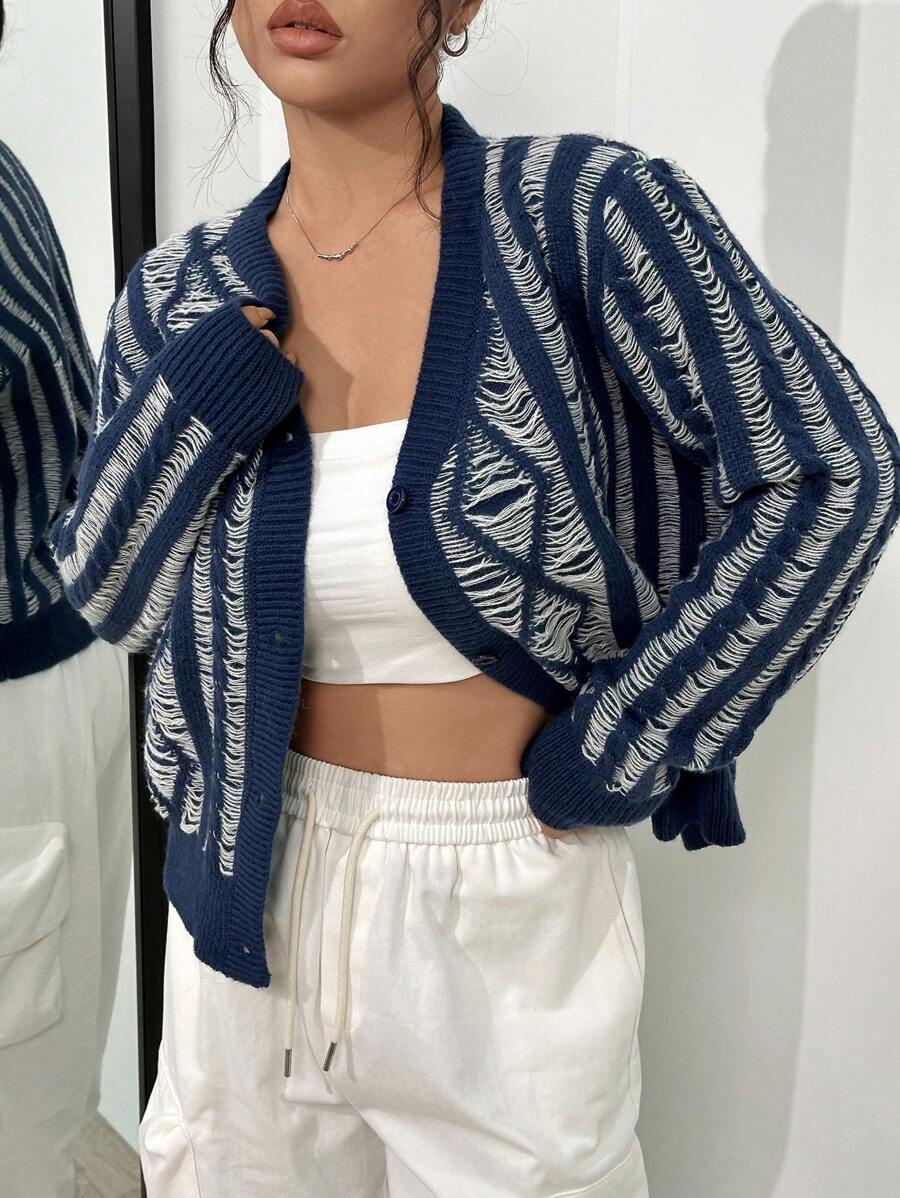 SHEIN Unity كارديجان نمط هندسي أزرار أمامية - الأزرق - مشاهدة 1