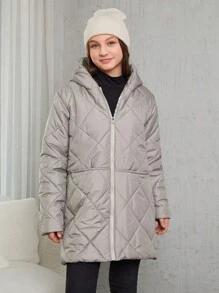 SHEIN Cottnline معطف مبطّن بماسة مزدوجة مع غطاء رأس وسحّاب أمامي للفتيات ما بين سن 8 و 14 - بيج - مشاهدة 5