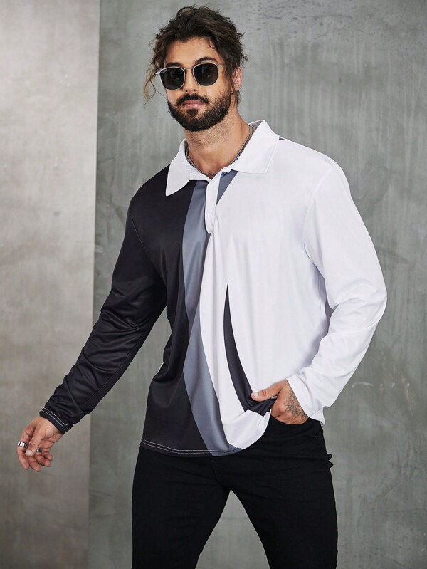 Extended Sizes Men's Plus Size Color Block Long Sleeve Polo Shirt SHEIN South Africa