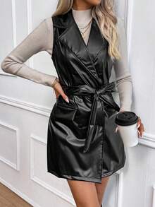 SHEIN Privé Đôi ngực Thắt lưng chất liệu da PU Áo khoác Vest Without Tee - màu đen - Xem 5