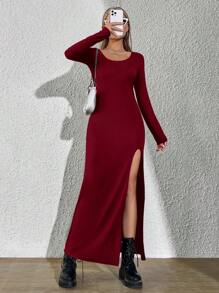 SHEIN EZwear Scoop Cổ Tách đùi Đầm - Màu Đỏ Sâu - Xem 4