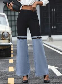 SHEIN Clasi Two Tone Buckle Detail Flare Leg Pants Fall Cloth For Women