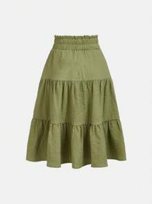 SHEIN 女大童寬鬆三層多層蛋糕半身裙帶高腰適用於學校 - 綠色 - 查看 2