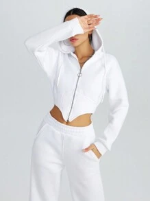 RueChic Zip Up Asymmetrical Hem Drawstring Hoodie & Wide Leg Pants - White - View 5