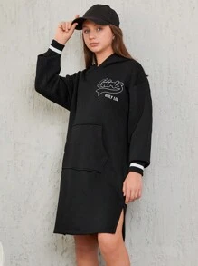 RueChic Teen Girl Letter Pattern Kangaroo Pocket Drop Shoulder Split Hem Hoodie Dress - Black - View 1
