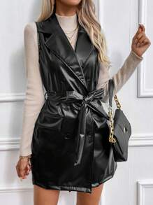 SHEIN Privé Đôi ngực Thắt lưng chất liệu da PU Áo khoác Vest Without Tee - màu đen - Xem 1