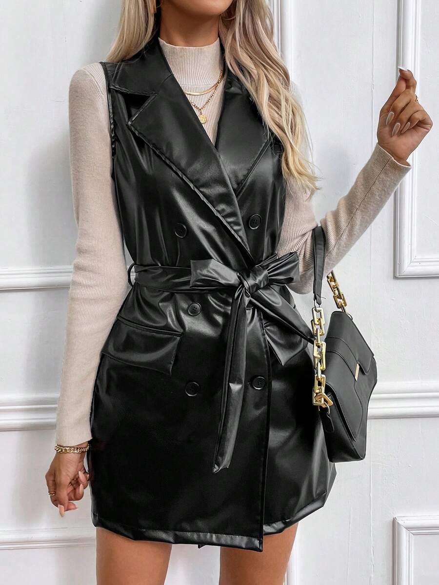 SHEIN Privé Đôi ngực Thắt lưng chất liệu da PU Áo khoác Vest Without Tee - màu đen - Xem 1