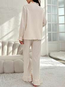 SHEIN Maternity Ruffle Trim Flounce Sleeve Sleep Top & Adjustable Waist Sleep Pants For Mother, Pajama Set - Beige - View 2