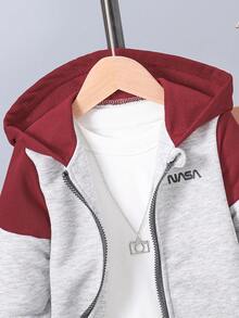 男小童字母圖案撞色連帽衫和運動褲不帶T恤 - 酒紅色 - 查看 5