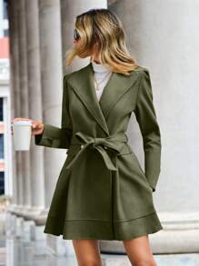 SHEIN LUNE Waterfall Collar Belted Overcoat - Dark Green - View 7
