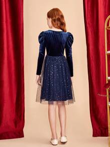 SHEIN 少女方領鑲珠網眼下擺拼接裙 - 藏蓝色 - 查看 2