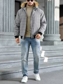 Manfinity VCAY Chaqueta acolchada con capucha con cremallera, con estampado a cuadros y ribete de felpa, de corte holgado y talla grande para hombre, para otoño e invierno - Multicolor - Ver 5