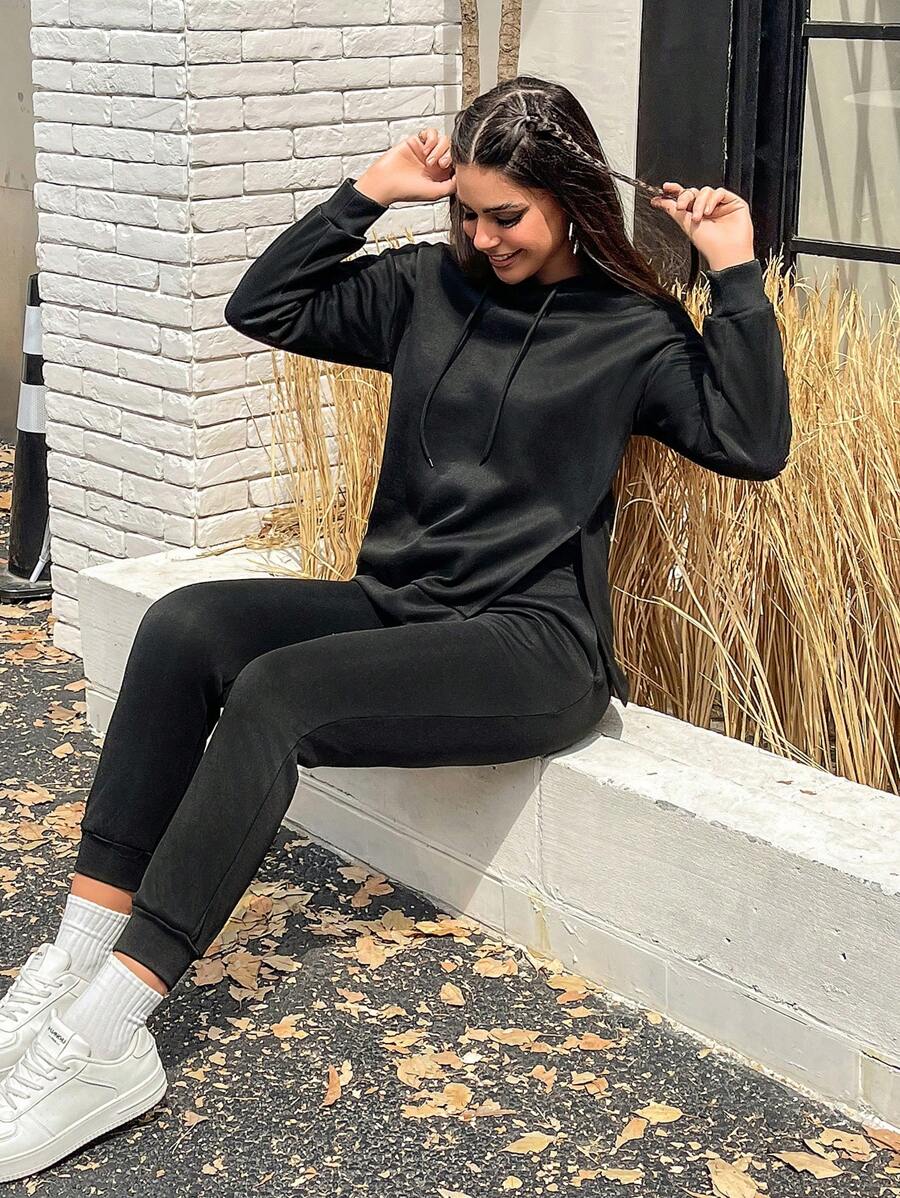 SHEIN Essnce Của phụ nữ Dây rút áo có mũ Bộ áo thun & Quần Với Viền chia cắt - màu đen - Xem 1