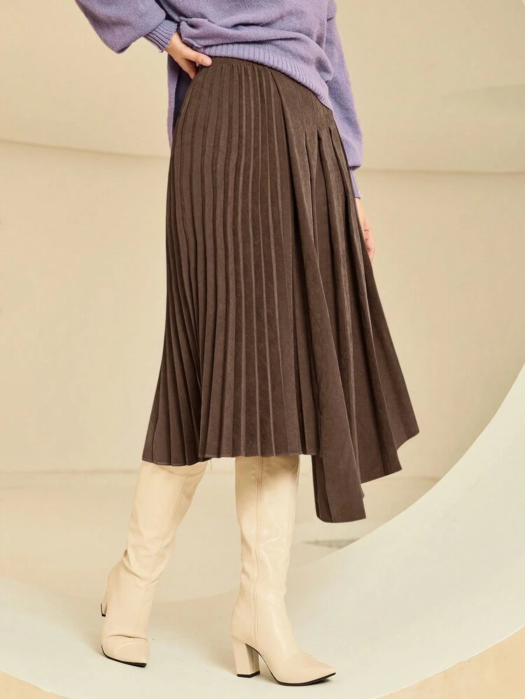 Solid Pleated Asymmetrical Hem Skirt