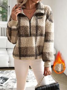 SHEIN Essnce Plaid Print Half Zip Drop Shoulder Teddy Sweatshirt - Khaki - View 5