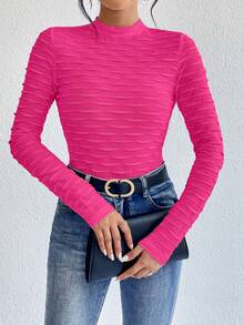 SHEIN Essnce 素色小高領T恤 - 玫紅色 - 查看 3