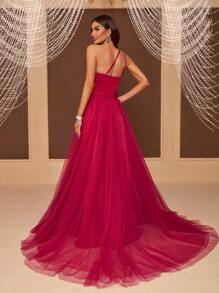 SHEIN Belle Un singur umăr Decupat Mesh Overlay Rochie Rochii de bal pentru femei - Roz - Vizualizare 2