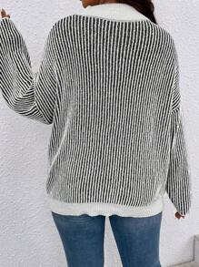 SHEIN LUNE Plus Striped Pattern Drop Shoulder Sweater, For Winter Knit Pullover Fall Autumn - Black and White - View 2