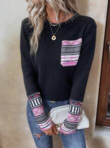 SHEIN LUNE 幾何圖案補丁貼口袋套頭毛衣 - 黑色 - 查看 3